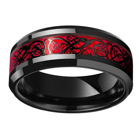 Men's 8mm Tungsten Beveled Edges Red Celtic Dragon Comfort-Fit Wedding Band Ring
