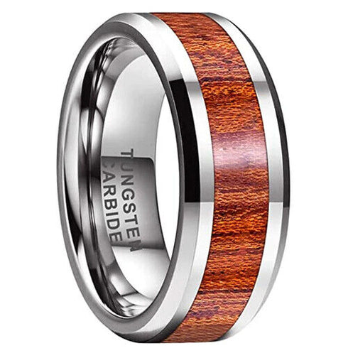 Men's 8mm Tungsten Ring Koa Wood Inlay Comfort-Fit Engagement Wedding Band