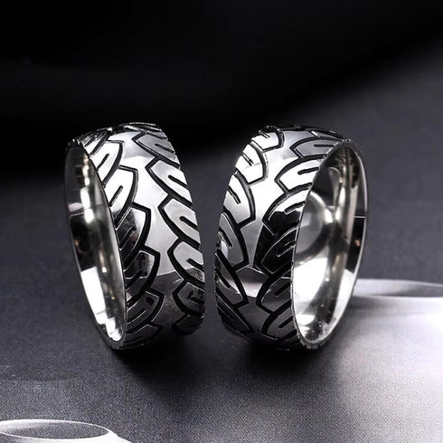 Men 8mm Titanium Motorcycle Tire Tread Pattern & Anodized Inlays Non-Fading Band