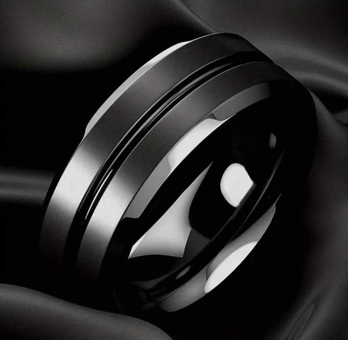 Men's Classic 8mm Tungsten Comfort Fit Black Brushed Centre Groove Wedding Band