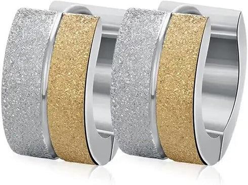 2 Tone Titanium Frosted Wide Gold Silver Hypoallergenic Men Women Hoop Earrings