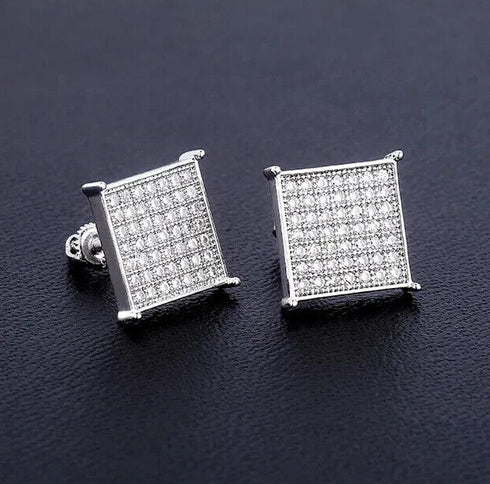 Micro Pave Flat Square 14K White Gold Plated Cubic Zircon Men Women Stud Earring