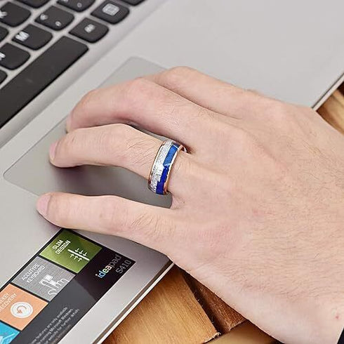 Men's 8mm Tungsten Cupid's Arrow Meteorite Inspired & Blue Lasurite Inlay Band