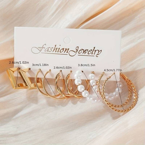 6 Pairs 14K Gold Plated Golden Hoop Earrings With Faux Pearl Decor Korean Style