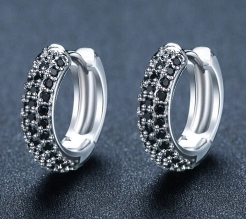 Dazzling Micro Pave 14K White Gold Plated 3 Row Black CZ Men Women Hoop Earrings