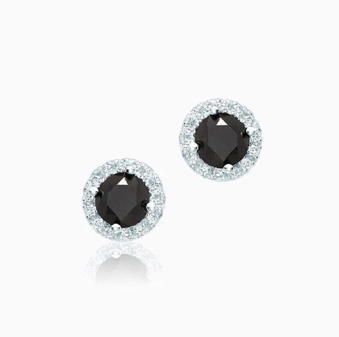 Paved Round Cut Black & White 18K White Gold Plated CZ Men & Women Stud Earrings