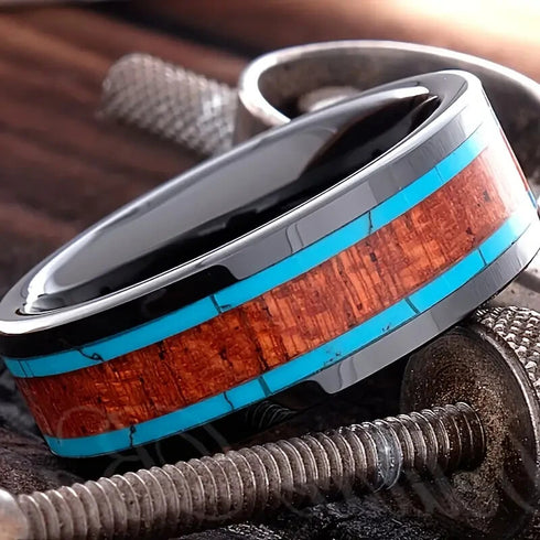 Men's 8mm Titanium Turquoise Wood Comfort-Fit Polished Carbon Fiber Wedding Band
