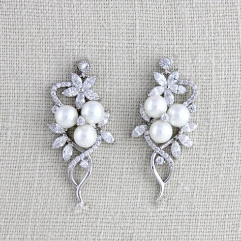 Stunning White Pearl 14K White Gold Plated Cubic Zirconia Women Earrings