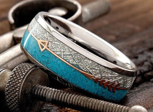 Men's 8mm Tungsten Cupid's Arrow Turquoise Meteorite Inspired Comfort-Fit Band