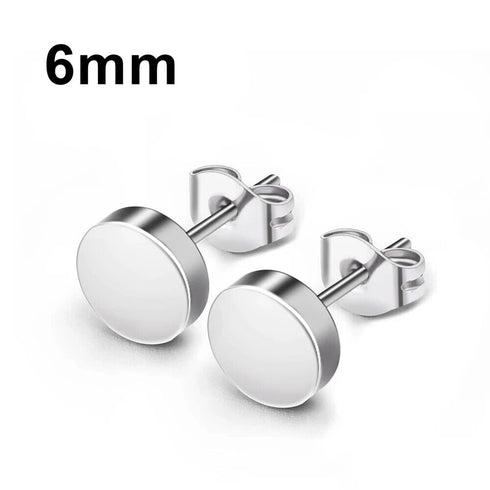 2 Pairs Of 316L Surgical-Steel Black & Silver Flat Round Men Women Stud Earrings
