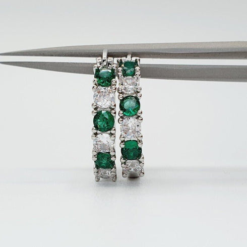 14K White Gold Plated Green Round Cut Cubic Zirconia Men Women Hoop Earrings