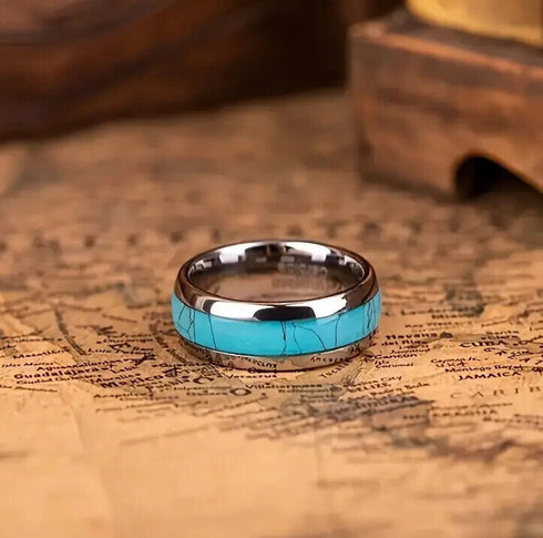 Men 8mm Tungsten Turquoise Domed Polished Carbon Fiber Comfort-Fit Wedding Band