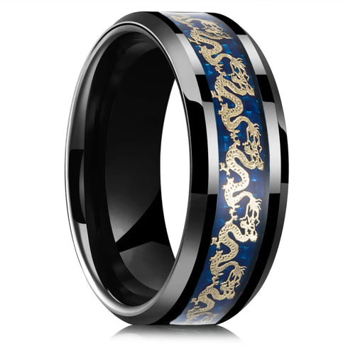 Men's 8mm Comfort Fit Black Tungsten Celtic Gold Dragon Blue Carbon Fiber Ring