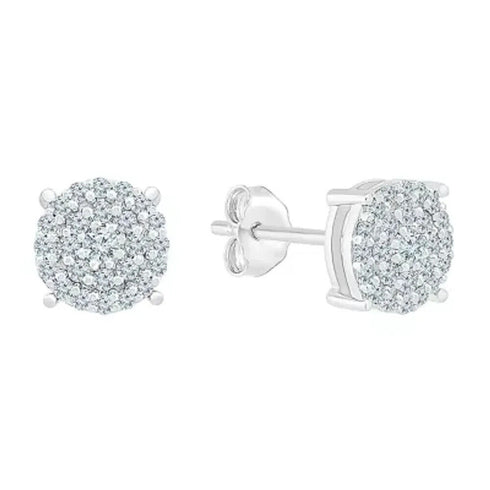 Paved 18KWhite Gold Plated Cubic Zirconia Double Round Cluster Men Women Earring