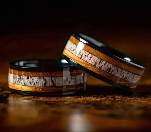 Men's 8mm Tungsten Deer Antler Whiskey Barrel Wood Inlay Engagement Wedding Band