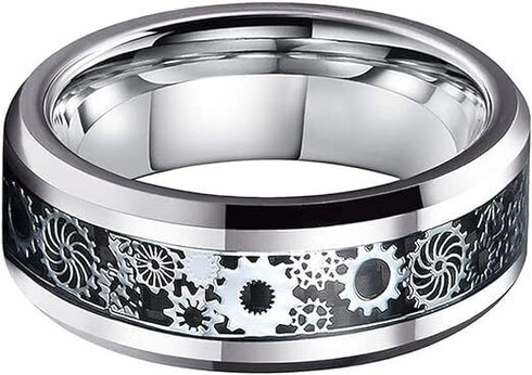 Beveled Edge Mechanical Steampunk Gear Comfort-Fit 8mm Tungsten Wedding Ring