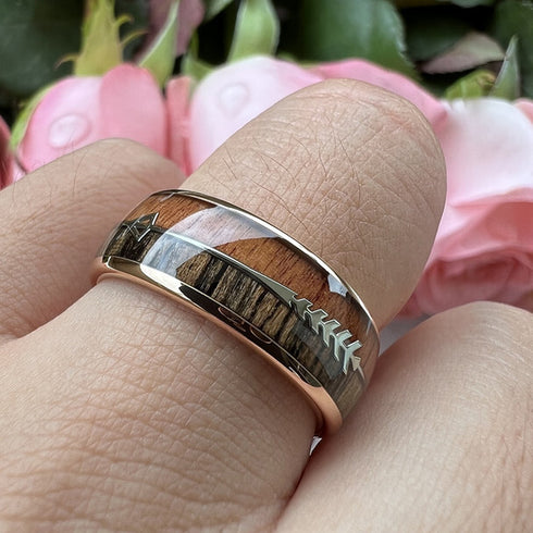 Men 8mm Tungsten Rose Gold Cupid's Arrow Koa Wood Inlay Comfort-Fit Wedding Band