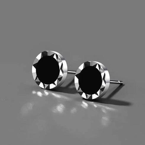 Round Black Silver Agate Stud Men & Women Trendy Retro Earrings