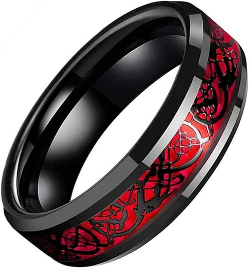 Men's 8mm Tungsten Beveled Edges Red Celtic Dragon Comfort-Fit Wedding Band Ring