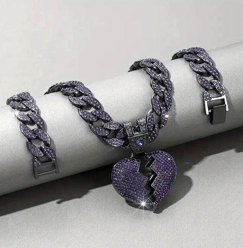 ICED OUT Broken Heart Rhodium Plated Purple Cubic Zirconia Cuban Chain Necklace