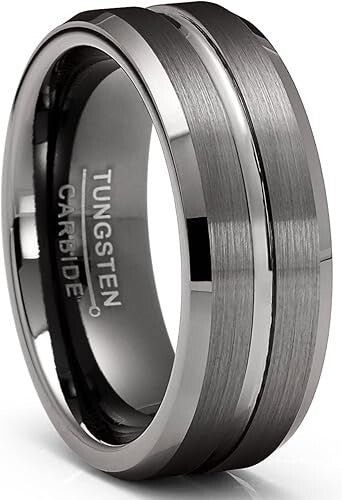 Men 8mm Tungsten Blue Glossed/Brushed Gunmetal Groove Beveled Edges Wedding Band