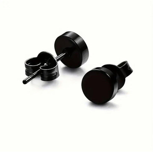 2 Pairs Titanium Steel Black Square CZ Stud & Flat Round Stud Men Women Earrings