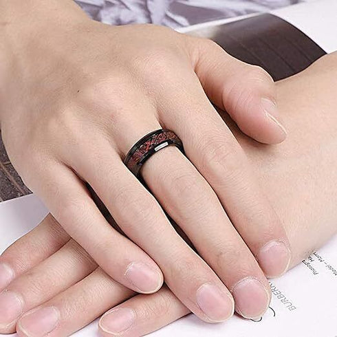 Men's 8mm Tungsten Beveled Edges Red Celtic Dragon Comfort-Fit Wedding Band Ring