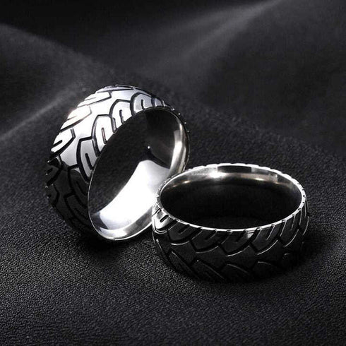 Men 8mm Titanium Motorcycle Tire Tread Pattern & Anodized Inlays Non-Fading Band