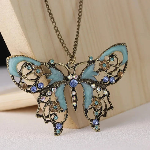 Exaggerated Boho Vintage Hollow Enameled Turquoise Butterfly Pendant Necklace