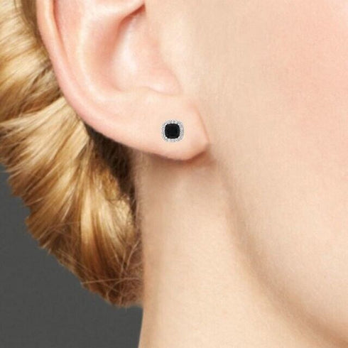 14K Gold Plated Cushion Cut Square Black Onyx Cubic Zirconia Men Women Earrings