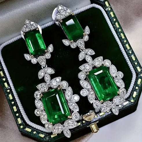Luxury Green Dangle 18K White Gold-Plated Cubic Zirconia Bridal Earrings