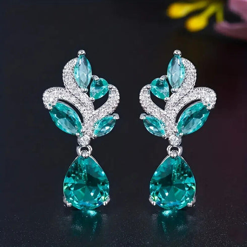 Elegant Aquamarine 14K White Gold-Plated Cubic Zirconia Women Dangle Earrings