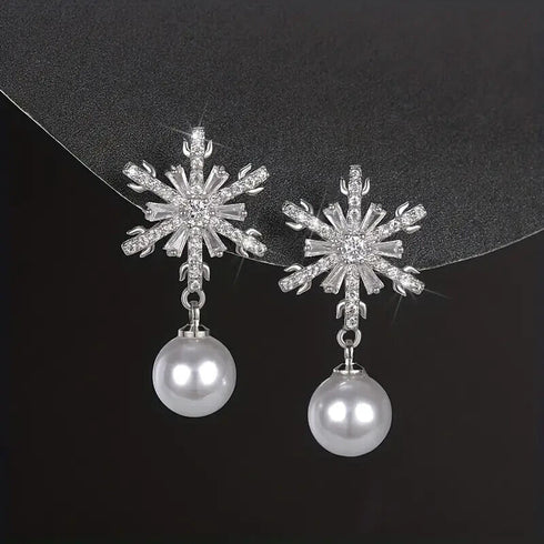Stunning White Pearl Snowflake 18K White Gold-Plated Cubic Zirconia Earrings