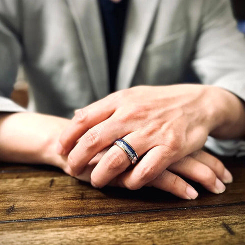 Men's 8mm Rose Gold Tungsten Blue Lapis Lazuli & Meteorite Inspired Wedding Band