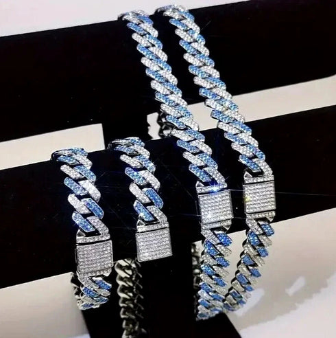 2 Pc Men Women FULLY ICED Rhombus Blue Cuban Link Chain 2Row CZ Necklace & Bracelet