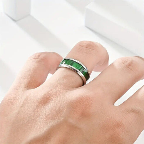 Beveled Edge Comfort-Fit Fabricated Malachite Inlay 8mm Tungsten Wedding Band