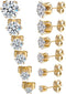 6Pairs 14K Gold Plated Cubic Zirconia 3/4/5/6/7/8mm Stud Earrings For Men Women