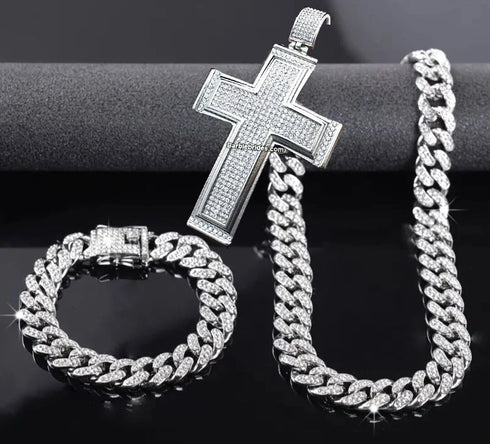 3-Pcs Iced 14K White Gold Plated CZ Large Cross Pendant with Cuban Necklace & Bracelet