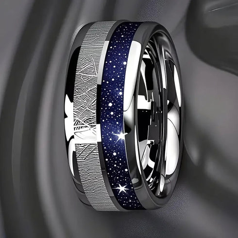 Men's 8mm Titanium Green Marble/Blue Galaxy & Meteorite Comfort-Fit Wedding Band