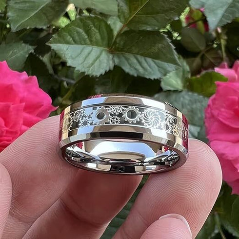 Beveled Edge Mechanical Steampunk Gear Comfort-Fit 8mm Tungsten Wedding Ring