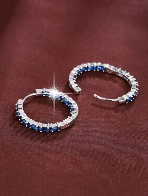 14K White Gold Plated Unique Blue Baguette Cubic Zirconia Women Hoop Earrings