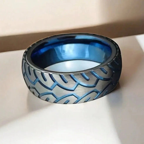 Men 8mm Titanium Motorcycle Tire Tread Pattern & Anodized Inlays Non-Fading Band