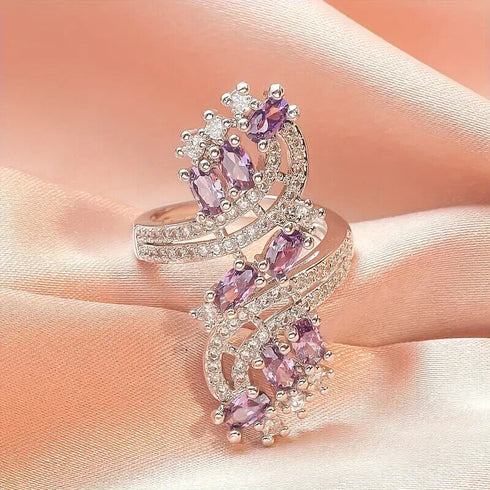 Luxury Amethyst 18K White Gold-Plated Zirconia Women Ring Valentine's Gift