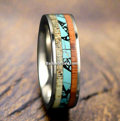 Men's 8mm Titanium Deer Antler Crushed Turquoise Comfort-Fit Wedding Band