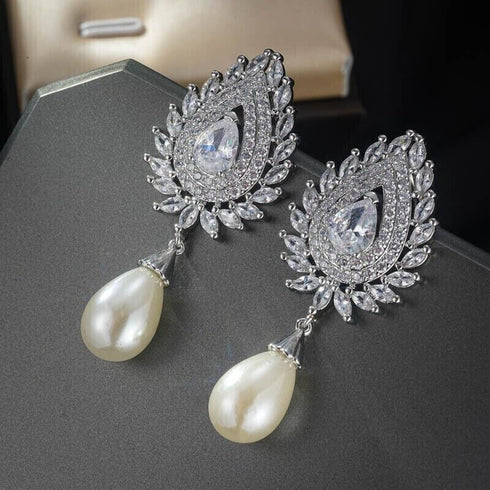 Luxury White Pearl Teardrop 18K White Gold-Plated Cubic Zirconia Bridal Earrings