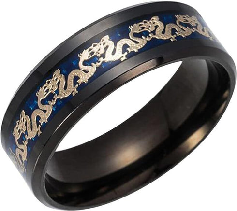 Men's 8mm Comfort Fit Black Tungsten Celtic Gold Dragon Blue Carbon Fiber Ring