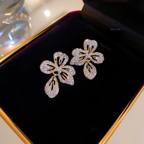 Elegant Round Cut Floral Stud 14K Gold-Plated Cubic Zirconia Women Earrings