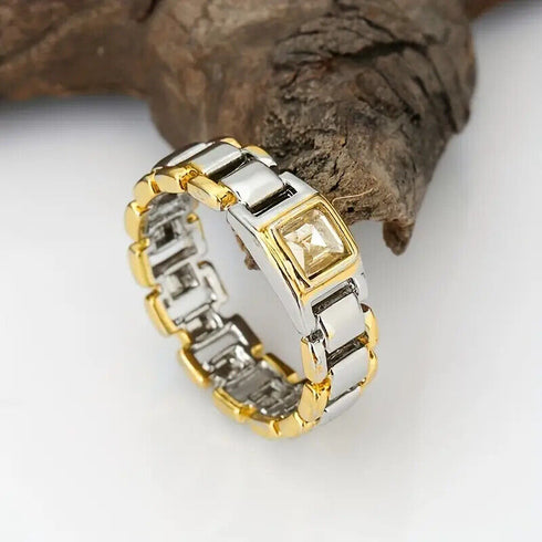 Men's Titanium Steel Two-Tone Square Chain Pattern Cubic Zirconia Wedding Band