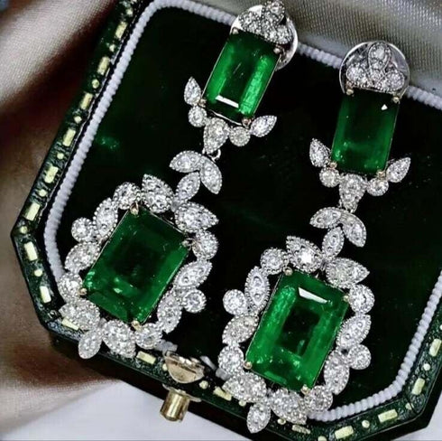 Luxury Green Dangle 18K White Gold-Plated Cubic Zirconia Bridal Earrings
