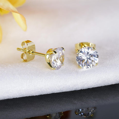 3Pairs Stunning 14k Gold Plated Solitaire Round Cubic Zirconia 6mm Stud Earrings